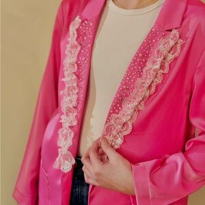 Glam Pink Blazer with Lace Accents